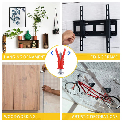 Collage showing uses for 208PCS Drywall Anchors and Screws Assortment Kit, including hanging ornaments, fixing frames, and artistic decorations.