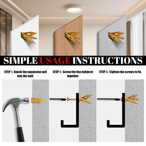 Three-step guide using 200 Pcs Self Drilling Drywall Anchors with Screws Kit for sturdy wall mounting without drilling or holes.