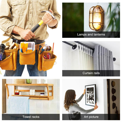 Collage showing uses of a wall anchors kit for securing lamps, curtain rails, towel racks, and art pictures