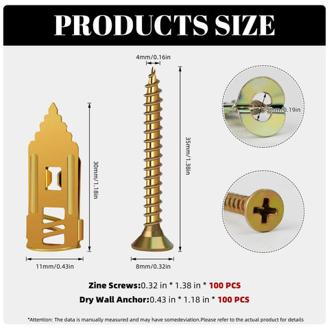 Size chart of 200 Pcs Self Drilling Drywall Anchors with Screws Kit, Metal Expansion Bolt dimensions shown with zoom-in details