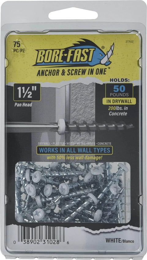 Drywall Anchors White 75 Pack with 1 1/2 Inch Pan Head Screws, Holds 50 lbs in Drywall and 200 lbs in Concrete packaging