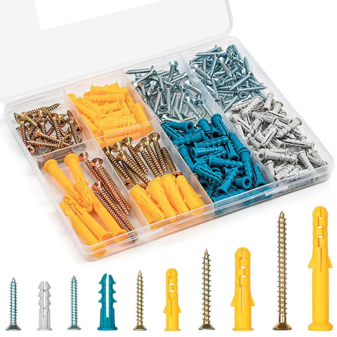 270 Pcs Drywall Anchors and Screws Assortment Kit with 135 Plastic Expansion Wall Anchors and 135 Phillips Flat Head Wood Screws in 5 Common Sizes, displayed in organizer.