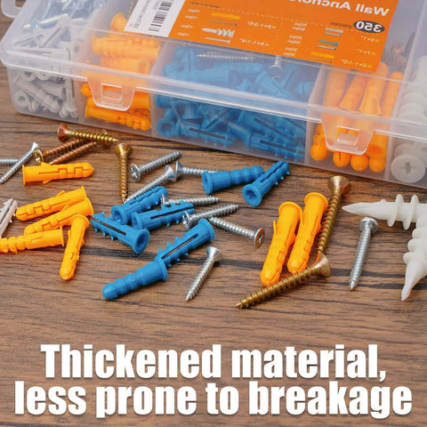 350 Pcs Drywall Anchors Assortment Kit for Sheetrock Concrete and Brick Including 175 Plastic Wall Anchors and 175 Flat Head Phillips Screws displayed on wooden surface.