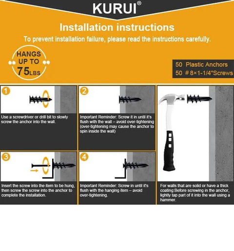 Installation instructions for 116 pcs self drilling drywall anchors and screws kit with 58 zinc alloy sheetrock anchors and 58 #6 x 1-1/4 inch screws shatter resistant design holding up to 50 lb for drywall wall mounting.