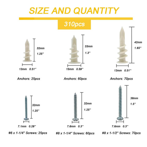 3 Sizes Self Drilling Drywall Anchors, 310PCS display with nylon anchors and zinc screws, sizes 13x32mm, 15x33mm, 13x42mm.