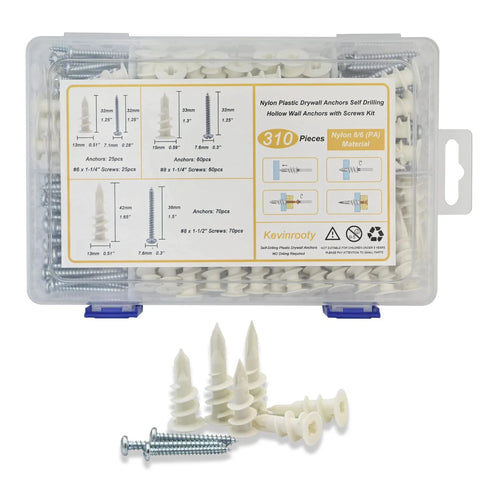 3 Sizes Self Drilling Drywall Anchors, 310PCS Nylon Plastic Wall Anchors and Screws for Drywall in labeled storage box