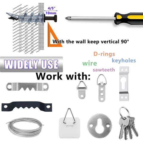 Diagram showing Drywall Anchors And Bear Claw Double-Headed Screws Kit for D-rings, sawtooth, keyholes, and wire installation