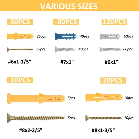 Drywall Anchors And Screws Assortment Kit With Organizer Box 280 Pieces Including 140 Plastic Wall Anchors And 140 Galvanized Phillips Screws In 5 Sizes For Fast Easy Mounts On Walls Ceilings And Shelves, various sizes shown