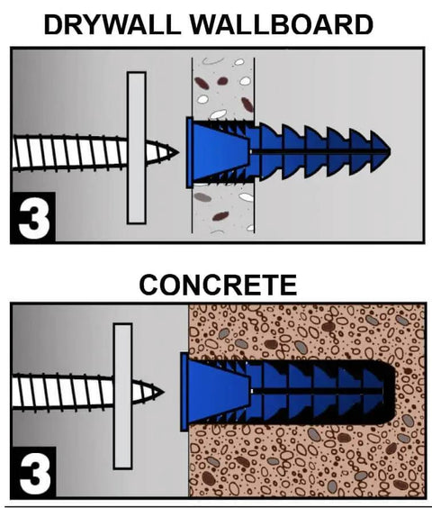 Illustration of Plastic Drywall Anchors and Screws Kit 400 Piece Set with Ribbed Anchors and Carbon Steel Screws for Strong Easy Install on Drywall and Plaster Walls Perfect for Shelves Mirrors Televisions and Other Home DIY Mounts showing installation on drywall and concrete