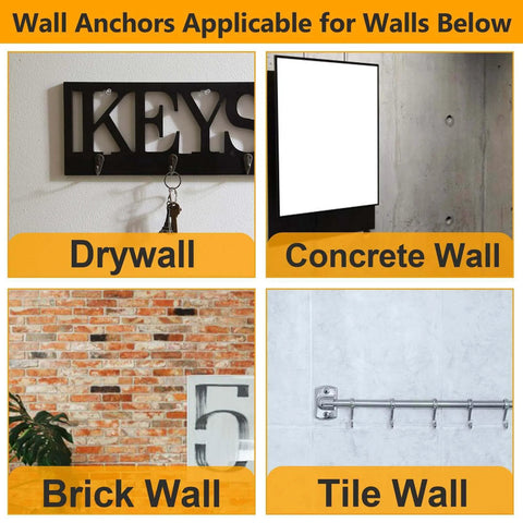 350 Pcs Drywall Anchors Assortment Kit for Sheetrock Concrete and Brick Including 175 Plastic Wall Anchors and 175 Flat Head Phillips Screws in 5 Common Sizes for Picture Hanging Wall Art and Home Decor on various wall types.