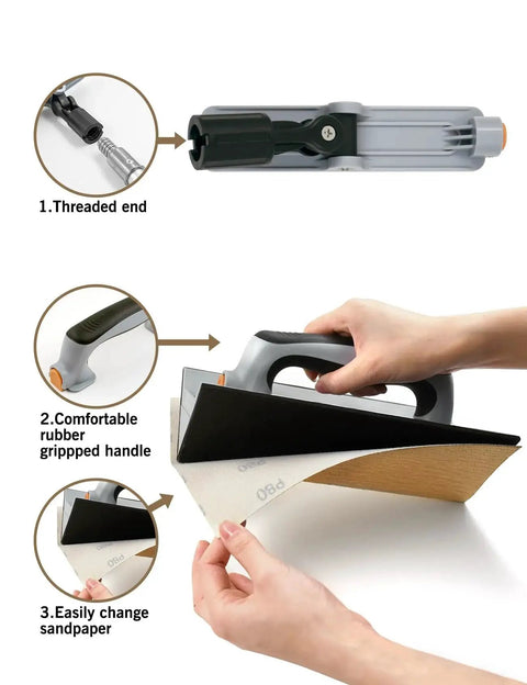 Using Drywall Corner Sander Kit With Two Sided Pad And Six Sandpapers Included, ergonomic handle and sandpaper replacement shown