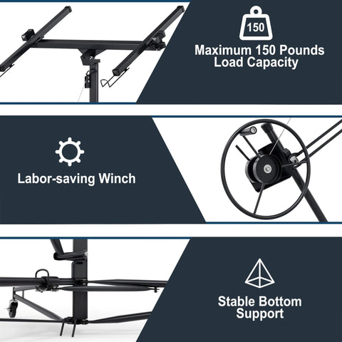 Close-up of 11 ft Drywall Lift features, showing labor-saving winch, 150 lbs capacity, and stable bottom support.
