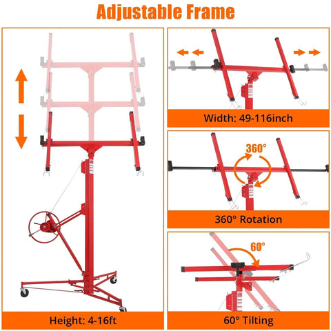 Diagram of ✝️ 16 Ft. Drywall Lift, Drywall Rolling Lifter Panel, showing adjustable frame, telescopic arm, and rotation features.