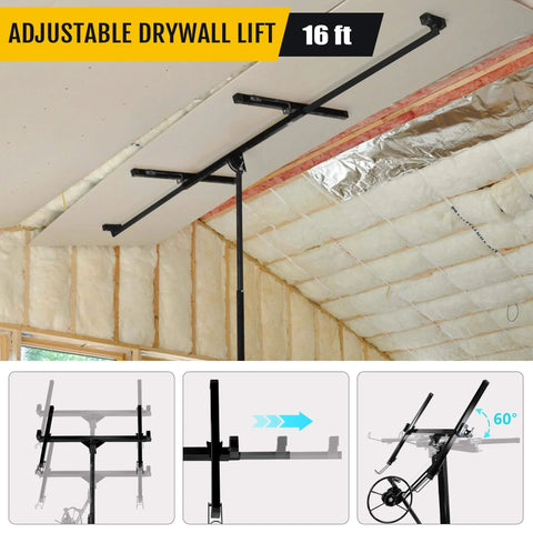 ✝️ Drywall Lift 16FT, 150lb Capacity Heavy Duty Sheetrock Hoist w/Telescopic Arm & Locking Wheels, Steel Panel Lifter for Ceiling