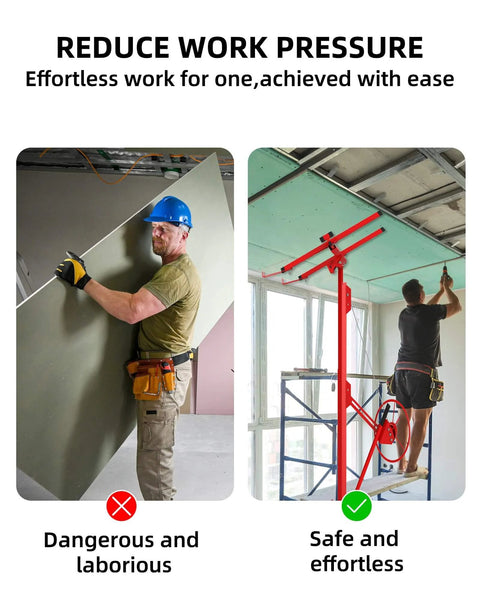 Comparison of manual drywall lifting versus using a 16 FT Heavy Duty Drywall Lift Hoist, showing safe ceiling installation.