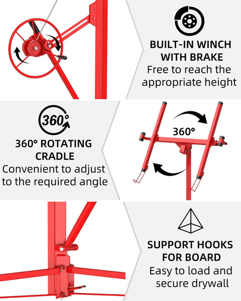 Diagram highlighting features of the 16 FT Heavy Duty Drywall Lift Hoist, including winch, 360° rotating cradle, and support hooks.