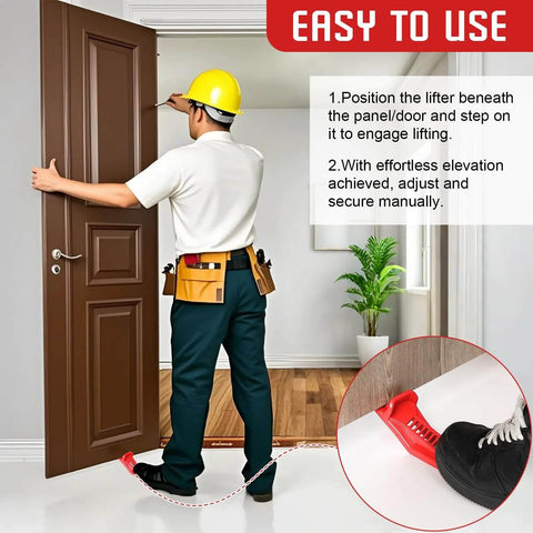 Person using ✝️ 2 Pack Drywall Lift Tools, All Metal Sheetrock Lift with Built in Drywall Rasp & Bottle Opener under a door.