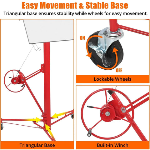 ✝️ 16 Ft. Drywall Lift, Drywall Rolling Lifter Panel showing lockable wheels, triangular base, and built-in winch for stability