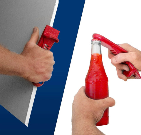 Hands using ✝️ Drywall Panel Lifter, Drywall Rasp, Drywall Tool Includes Built In Bottle Opener, Lightweight, Non-Clogging Rasp