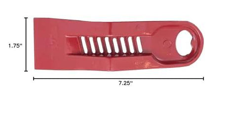 Red drywall panel lifter with built-in bottle opener, 7.25 inch length, lightweight, non-clogging rasp, door hanging tool, PL589 model.