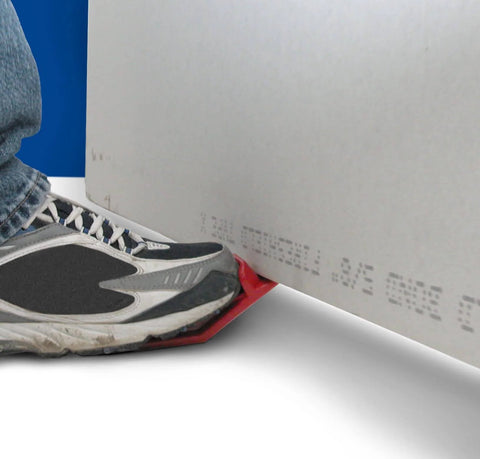 Foot on drywall lifter tool PL589 in use, featuring lightweight non-clogging rasp and built-in bottle opener for smooth mechanical motion