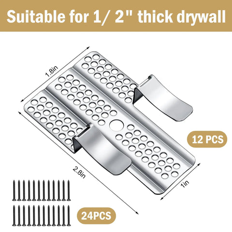 12 Pack Drywall Repair Clips 1/2 Inch Stainless Steel Patch Clips With 24 Screws For Damaged Walls DIY Quick Fix And Heavy Duty Patch; close-up view, dimensions and screws shown.
