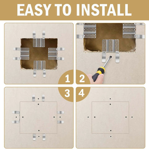 Installation steps for 12 Pack Drywall Repair Clips 1/2 Inch Stainless Steel Patch Clips With 24 Screws For Damaged Walls DIY Quick Fix And Heavy Duty Patch Ideal For Home Renovations And Quick Clean Wall Repairs.