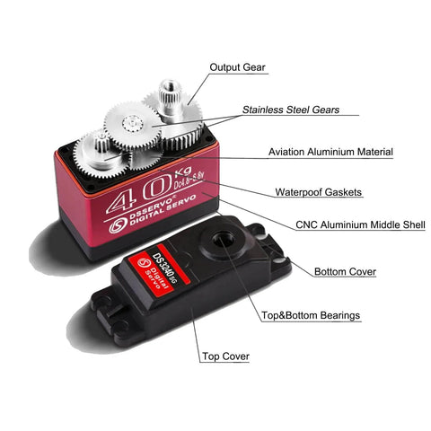 2 Pack High Torque 40KG Digital Servo, DS3240MG Full Metal Stainless Steel Gear Waterproof Steering RC Servo gears and casing labeled