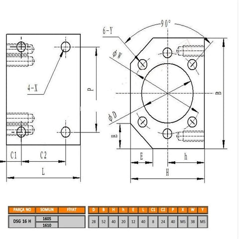 Technical drawing of DSG16H Nut Housing Seat Ball Screw Mount Bracket Holder 28mm Dia for SFU1605 CNC Machine Parts, Silver.