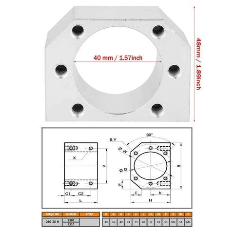Technical drawing and front view of ✝️ Dsg25h aluminum ballscrew nut bracket, sfu2505 / sfu2510 ballscrew nut housing seat