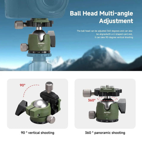 DSLR Camera Tripod Ball Head 38mm with 360 Degree Swivel U Shaped Groove Design; shown with multi-angle shooting capabilities.
