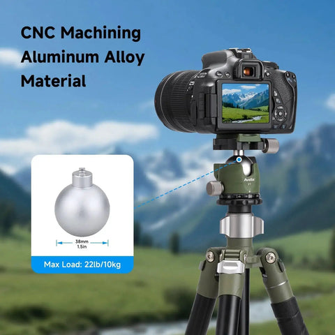 DSLR Camera Tripod Ball Head 38mm With 360 Degree Swivel U Shaped Groove Design on tripod in mountain landscape