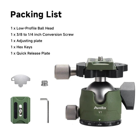 DSLR Camera Tripod Ball Head 38mm With 360 Degree Swivel U Shaped Groove Design shown with accessories and packing list