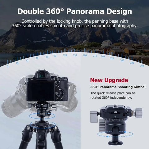 360 Degree Ball Head Tripod Mount With Dual Panoramic Rotation For DSLR Mirrorless And Sports Cameras CNC Aluminum Alloy Construction 10Kg Load Capacity Independent Locking Knobs Quick Release Plate Model 61038 showing double 360° panorama design and locking knobs.
