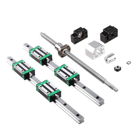 Two 700mm HGR20 Linear Guide Rails With RM1605 700mm Ballscrew Kit Including BF12 And BK12 End Supports, four slide blocks, coupling.
