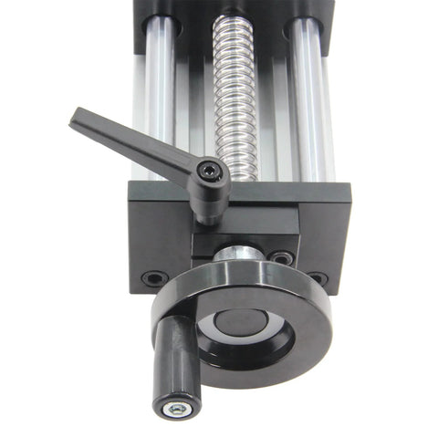Close-up of 200mm Effective Travel Dual Optical Axis Manual Sliding Table with SFU1605 Ball Screw and Handwheel, focusing on components