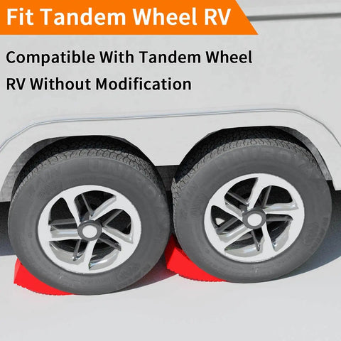 RV Leveling Blocks Kit for Dual Axle Travel Trailer With Ramp Chocks Rubber Mats Bubble Level and Carry Bag Heavy Duty HDPE Non Slip System Adjustable From One Half Inch To Four Inches In Minutes By OULEME installed under tandem tires