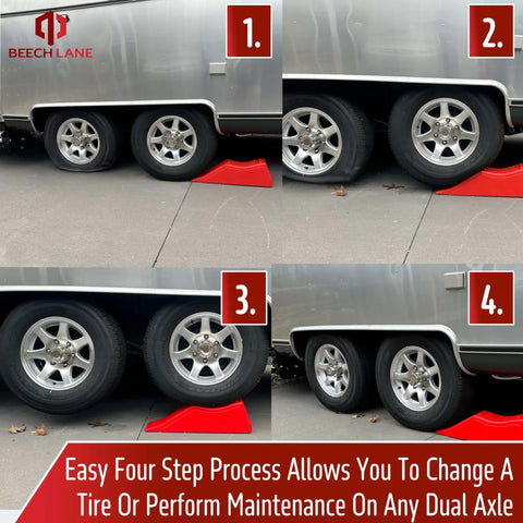 Rugged Five And A Half Inch Lift Trailer Ramp For Quick Tire Changes On Dual Axle Trailers, red ramp installed under trailer wheel.