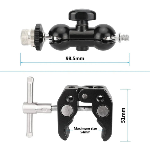 Dual 360 Degree Mini Ball Head Microphone Clamp Set for desks and stands, shown disassembled with size measurements, 0.4 to 2 inch clamp range.
