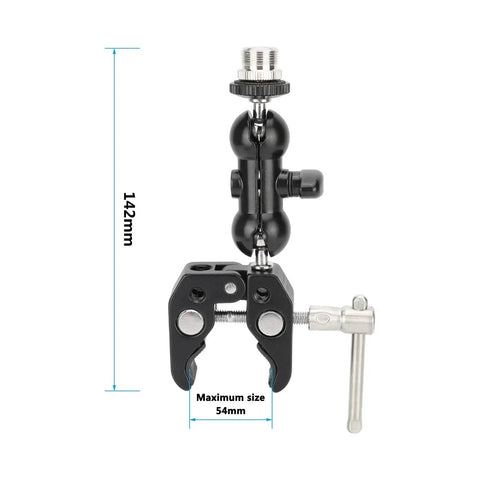 Dual 360 Degree Mini Ball Head Microphone Clamp Set With 5/8-27 Mic Screw Mounts, black aluminum and steel clamp, 0.4 to 2 inch range.