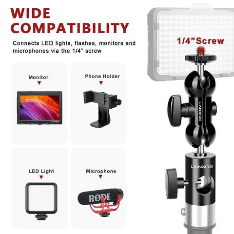 Image displaying wide compatibility of the Two Pack Light Stand Mount Adapter With Double Ball Head for monitors, lights, and microphones.