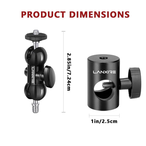 Two Pack Light Stand Mount Adapter with Double Ball Head, 2.85in, 1in diameter, for LED lights and microphones.