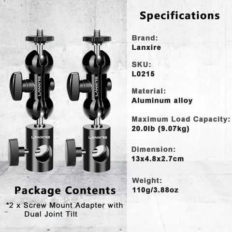Two Pack Light Stand Mount Adapter with Double Ball Head for Ring Lights LED Lights Monitors Flashes and Microphones