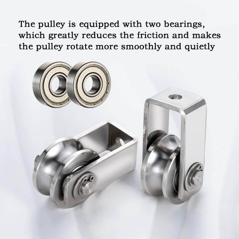 Dual-bearing cable pulley wheel set for rope systems, wall or ceiling mounted, stainless steel with two 608 bearings