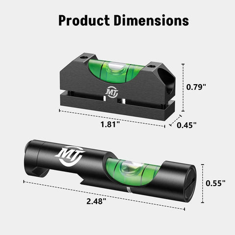 Image showing dimensions of Dual Bubble Scope Leveling Kit From MidTen With Magnetic Level For Anti Cant Precision Scope Calibration On Standard Picatinny Rails Black Built To Help You Level Your Rifle Scope Fast And Stay Hundred Percent Accurate In The Field, featuring one rectangular and one cylindrical level.
