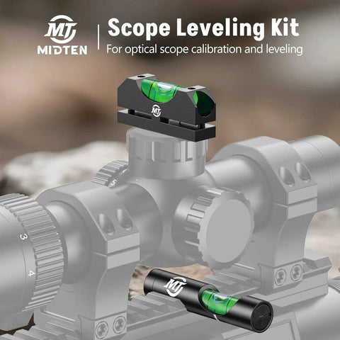 Dual Bubble Scope Leveling Kit From MidTen with Magnetic Level featuring dual bubbles, mounted on a Picatinny rail with black finish.