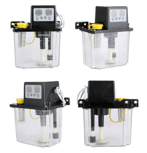 Four views of Dual Digital Display Automatic Oil Lubrication Pump For CNC Engraving Router Machines, 110V 2L with oil level gauge.