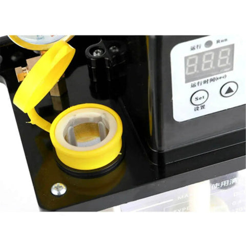 Close-up of Dual Digital Display Automatic Oil Lubrication Pump For CNC Engraving Router Machines, with open oil cap and display.