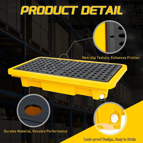Two Drum Spill Containment Pallet With Drain For Heavy Duty Drum Storage In Garage Basement And Warehouse, Leakproof Platform