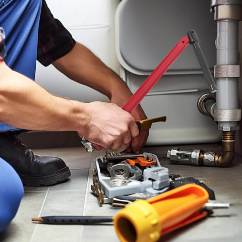 Person using Dual Ended Plumbing Wrench Set 8-13mm, Socket And Spanner Wrenches For Faucet And Sink Installations under a sink.